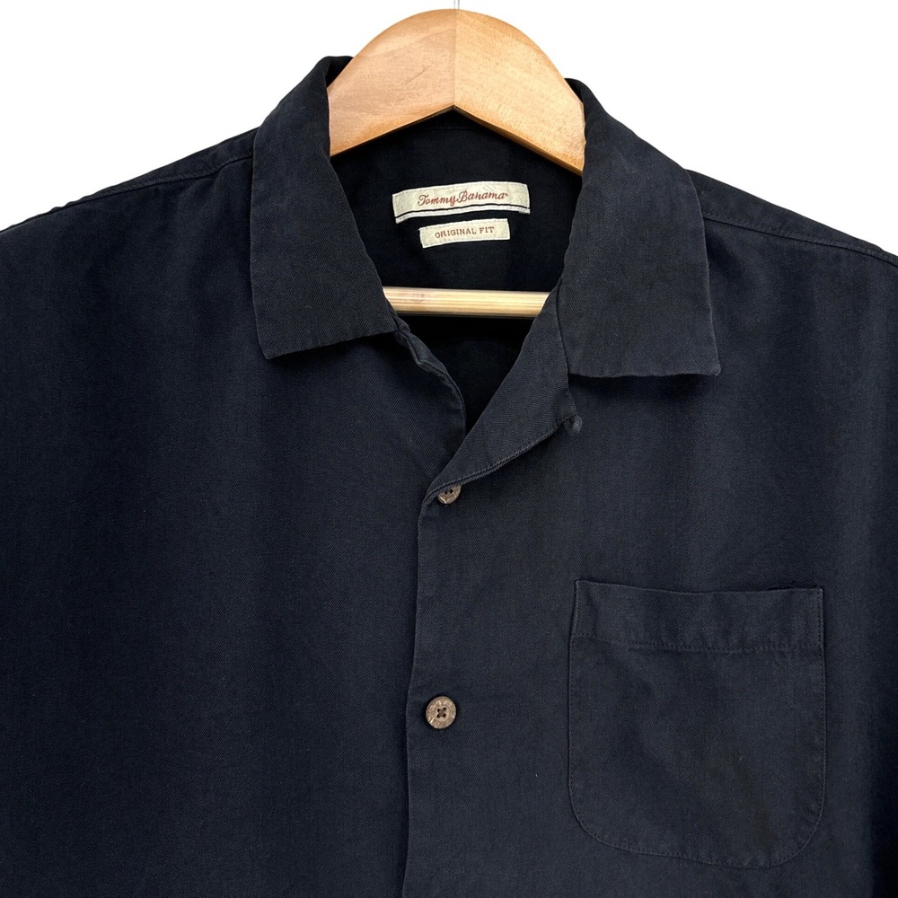 Tommy Bahama Mens Black Silk Herringbone Short Sleeve Button Down Shirt Large